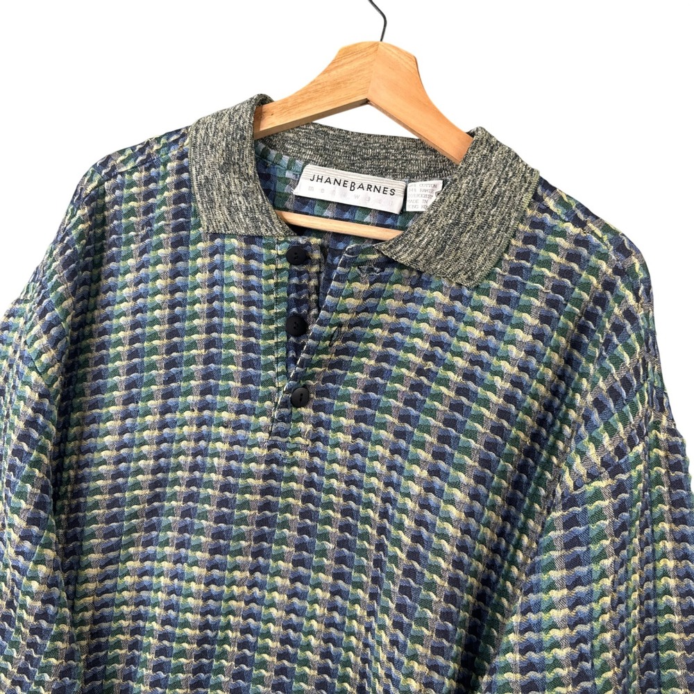 Jhane Barnes Mens Vintage 90s Textured Geometric Knit Polo Sweater Blue Green L